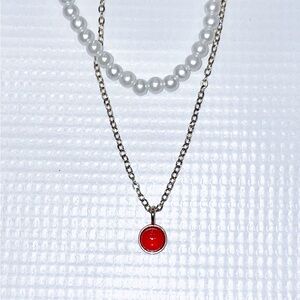 2 pc Pearl & Gold red emblem necklace
